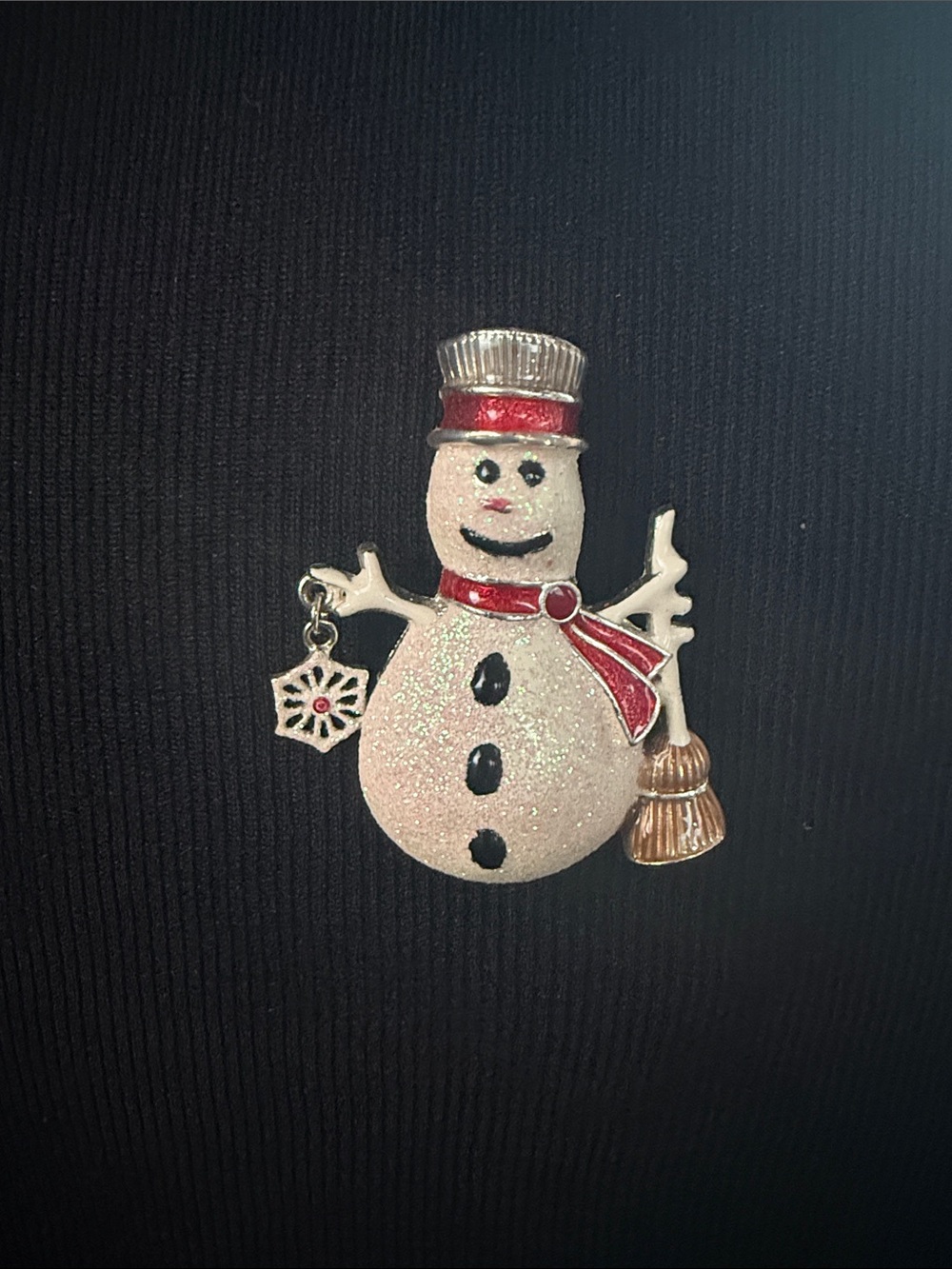 Sparkling White Snowman Brooch with Red Scarf and Gold Accents
